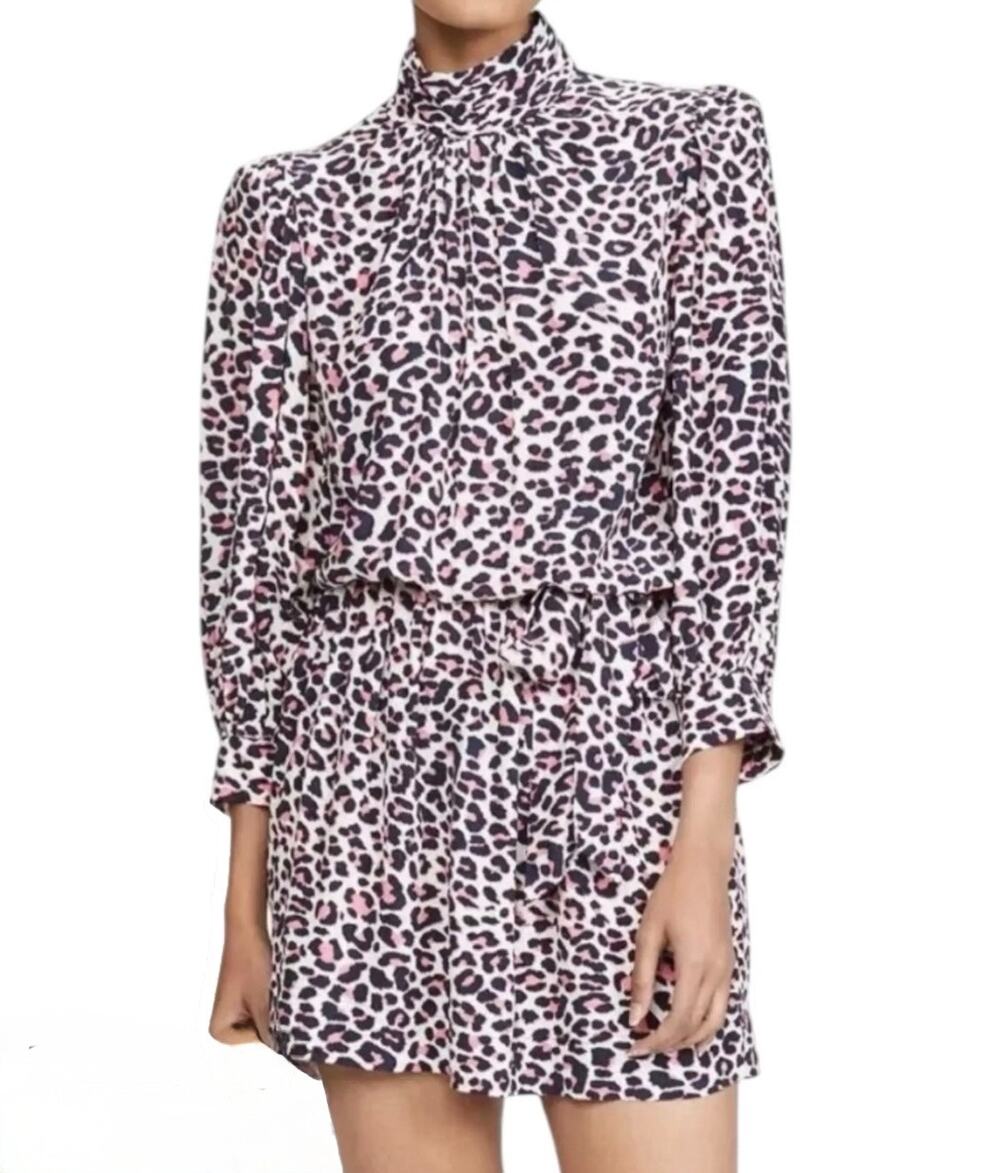 Zadig & Voltaire Rivali Pink Blue Leopard Print Blouson Mini Dress Tie Belt M